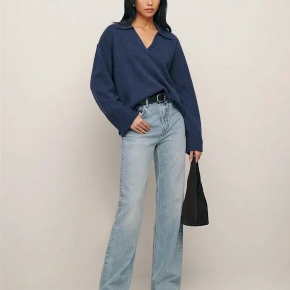 Reformation Sweaters - Reformation Sawyer Polo Jumper Cashmere Sweater Heather Blue Size Large